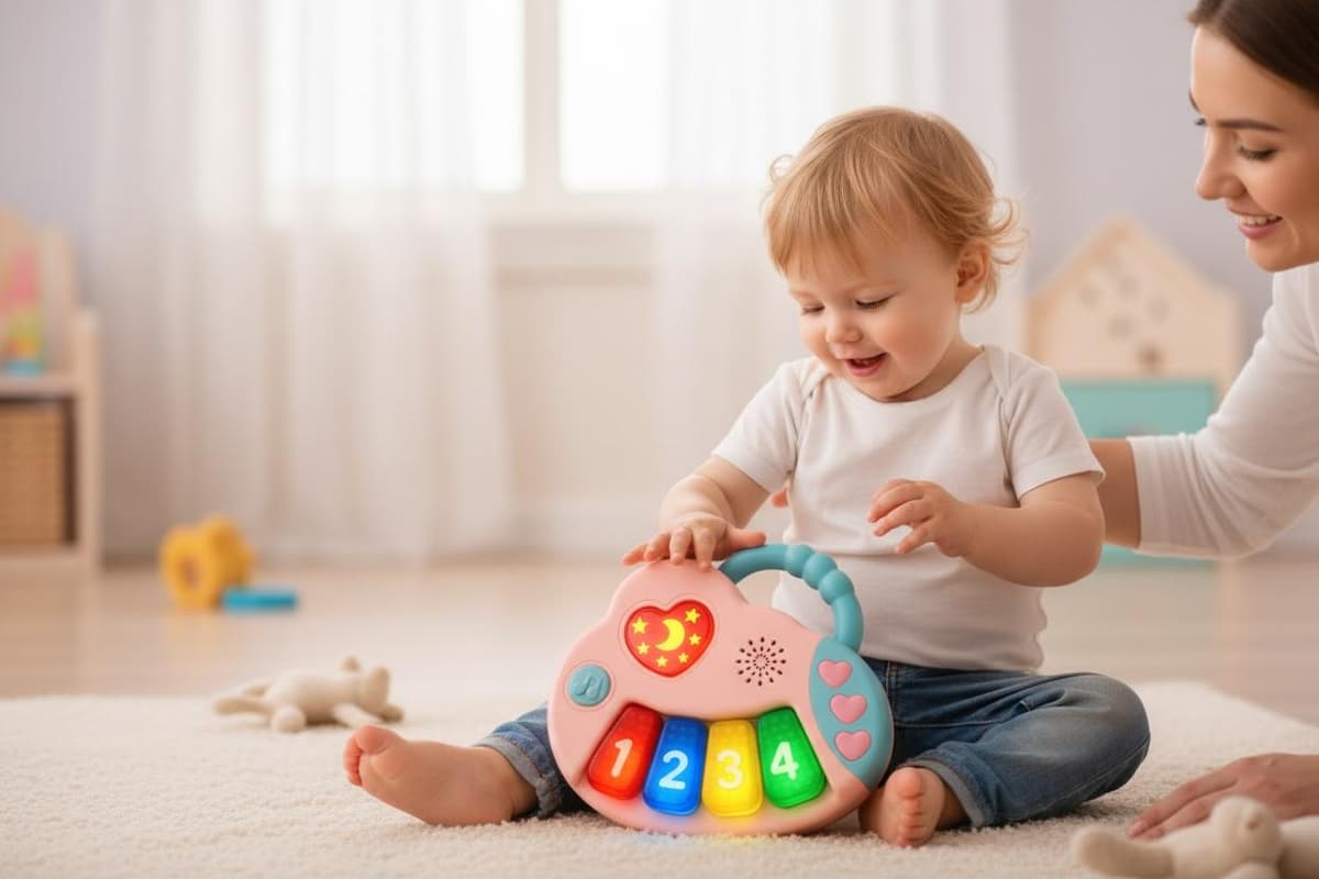 Baby happily playing with Funtastique Musical Piano Keyboard
